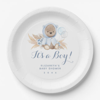 Blue Pampas Grass Boho Bear Baby Shower Paper Plat Plates