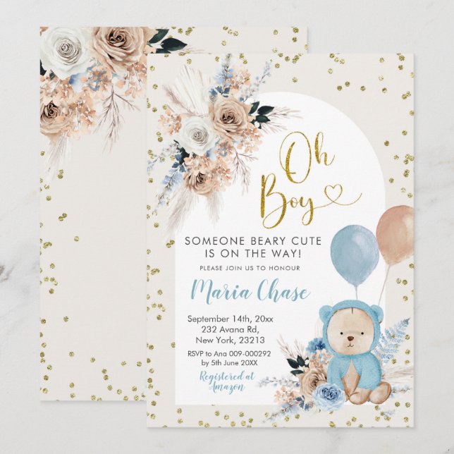 Blue Pampas Grass Boho Bear Boy Baby Shower Invita Invitation (Front/Back)