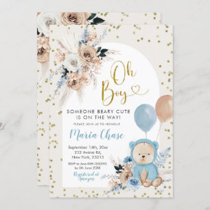 Blue Pampas Grass Boho Bear Boy Baby Shower Invita Invitation