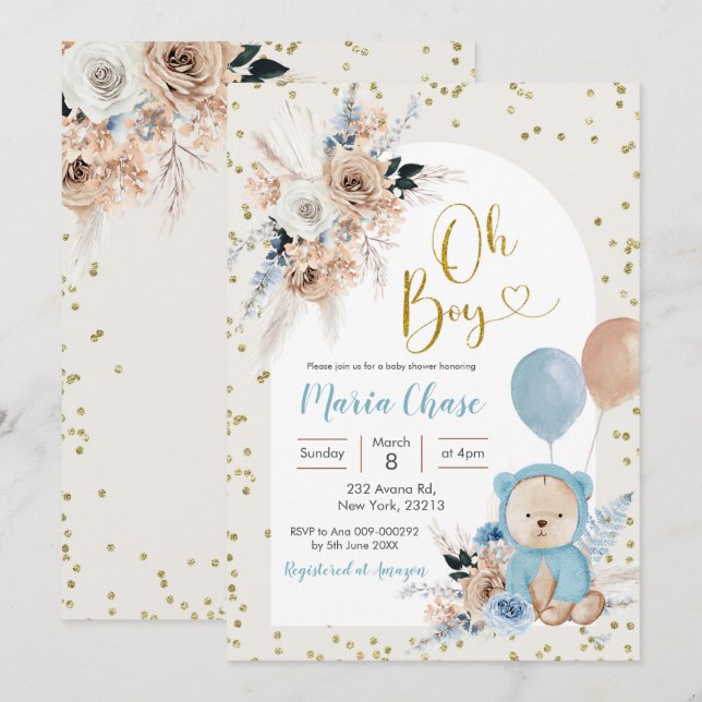Blue Pampas Grass Boho Bear Boy Baby Shower Invitation (Front/Back)
