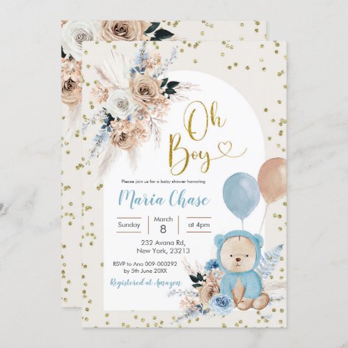 Blue Pampas Grass Boho Bear Boy Baby Shower Invitation