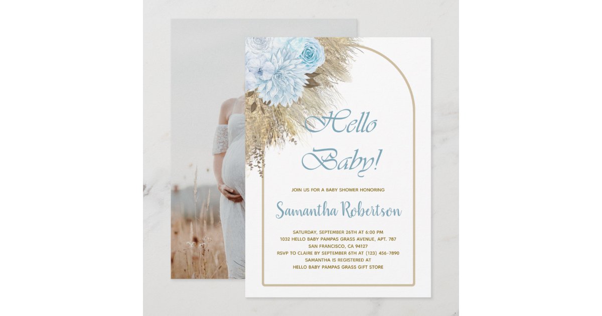 Blue Pampas Grass Boho Boy Baby Shower Photo Invitation | Zazzle