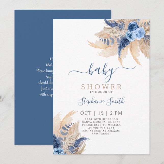 Blue Pampas Grass Boho Chic Baby Shower Invitation (Front/Back)