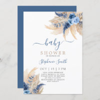 Blue Pampas Grass Boho Chic Baby Shower Invitation