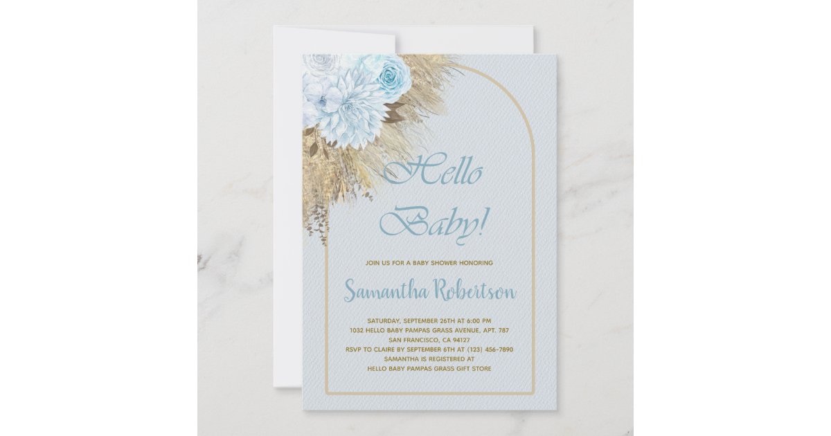 Blue Pampas Grass Boho Floral Boy Baby Shower Invitation | Zazzle