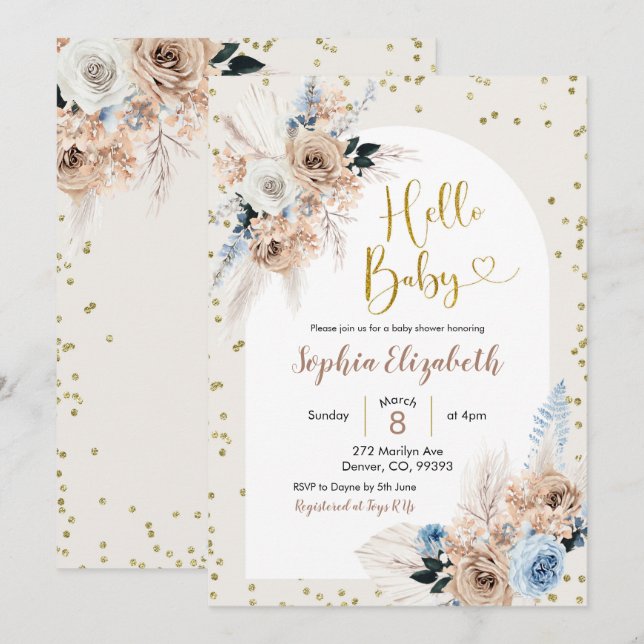 Blue pampas grass boho hello baby boy baby shower invitation (Front/Back)