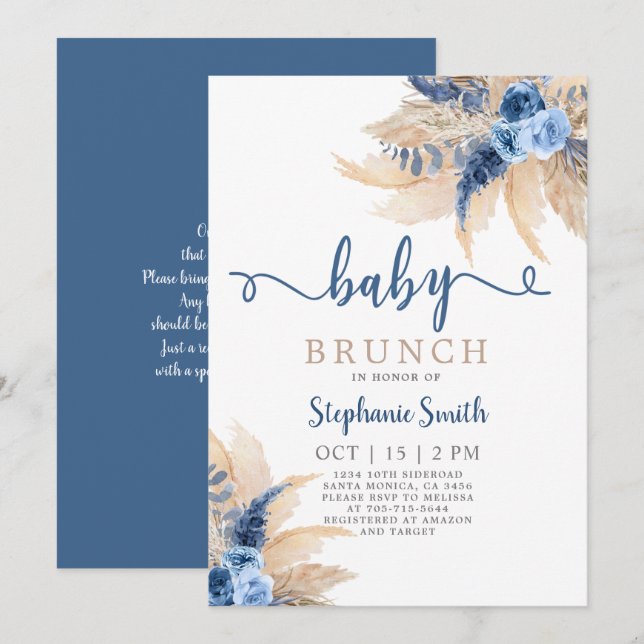 Blue Pampas Grass Boy Baby Shower Boy Invitation (Front/Back)