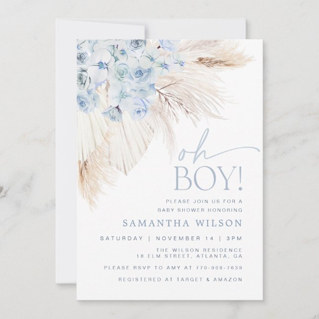 Blue Pampas Grass Boy Baby Shower Invitation (Front)