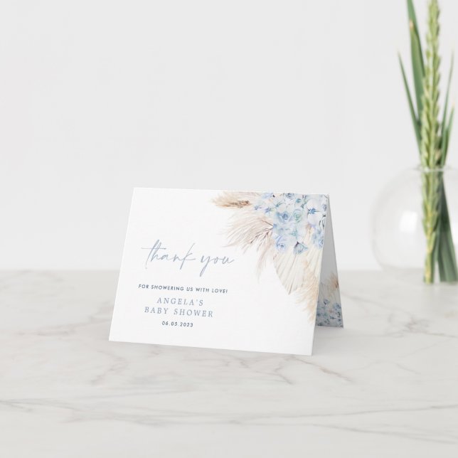 Blue Pampas Grass Boy Baby Shower Thank You Card (Front)