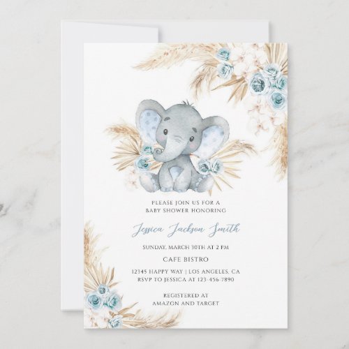 Blue Pampas Grass Elephant Baby Shower Invitation