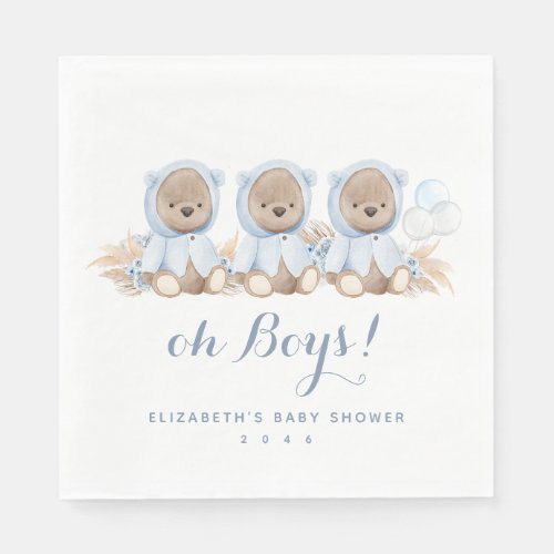 Blue Pampas Grass Triplet Bear Baby Shower Napkins