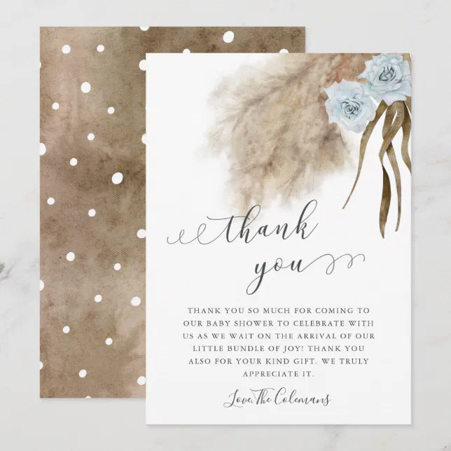 Blue Pampas Grass Watercolor Baby Shower Thank You Card | Zazzle