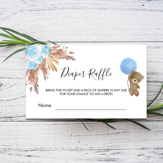 Blue pampas teddy baby shower diaper raffle ticket enclosure card (Creator Uploaded)