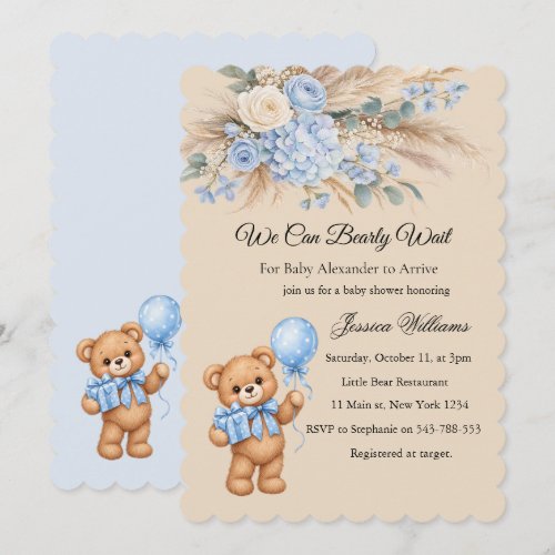Blue Pampas Teddy Bear Roses Baby Shower Invitation