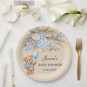 Blue Pampas Teddy Bear Roses Baby Shower Paper Plates