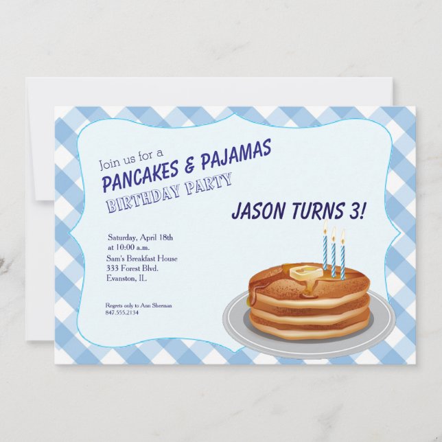 blue pancakes birthday party invitation (Front)