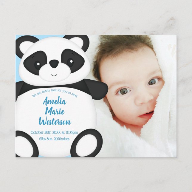 Blue Panda Bear Baby Birth Announcement  Postcard (Front)