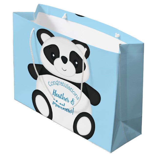 Blue Panda Bear Baby Shower Large Gift Bag (Back Angled)