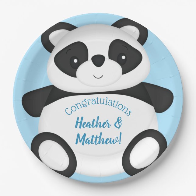 Blue Panda Bear Baby Shower Paper Plates (Front)