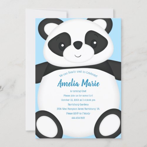Blue Panda Bear Birthday Party Invitation