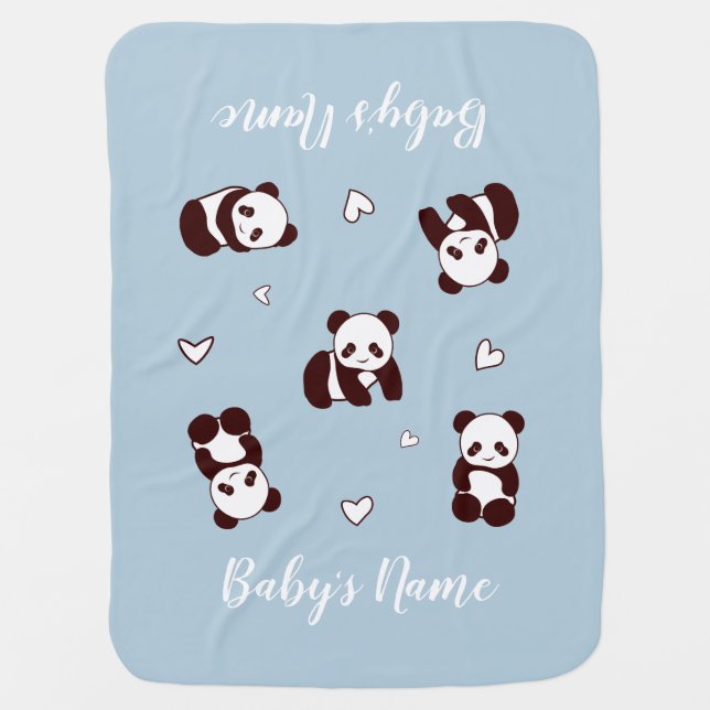 Blue Panda Heart Baby Blanket (Front)