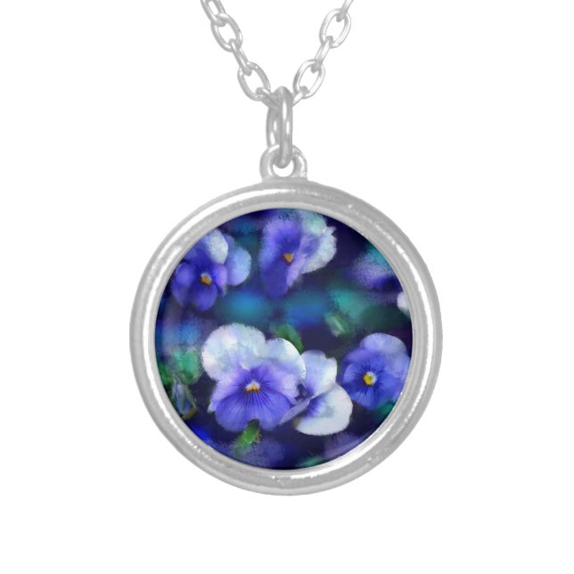 Blue Pansies Floral Flower Flowers Pansy Teal Silver Plated Necklace (Front)