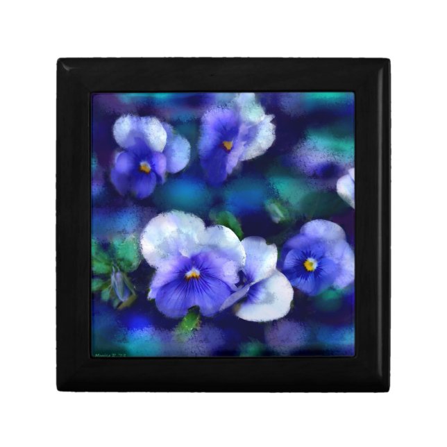 Blue Pansies Floral Wooden Jewelry Keepsake Box (Front)