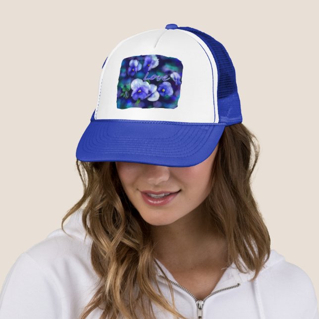 Blue Pansies Pansy Flower Floral Painting Trucker Hat (In Situ)