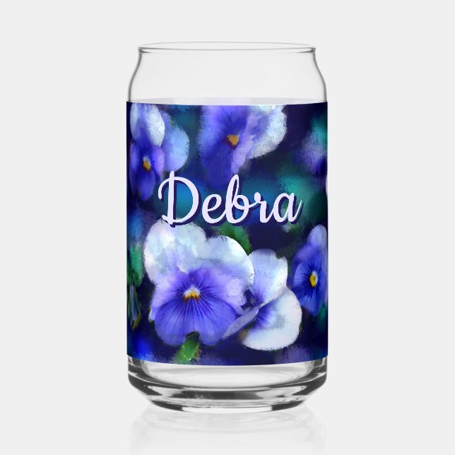 Blue Pansies Pansy Flower Floral Personalized Can Glass (Front)