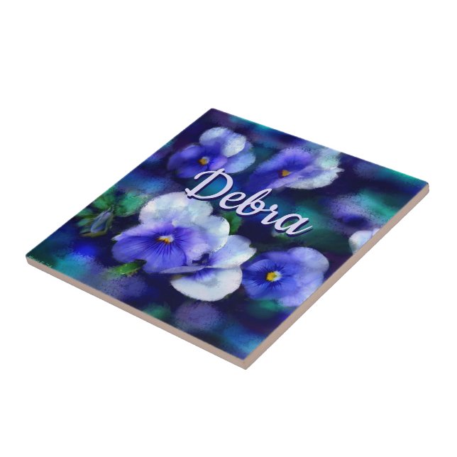 Blue Pansies Pansy Flower Floral Personalized Ceramic Tile (Side)