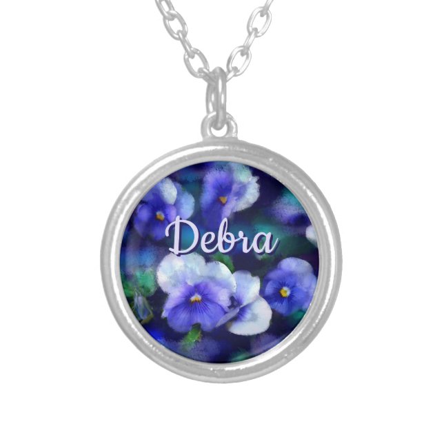 Blue Pansies Pansy Flower Floral Personalized Silver Plated Necklace (Front)