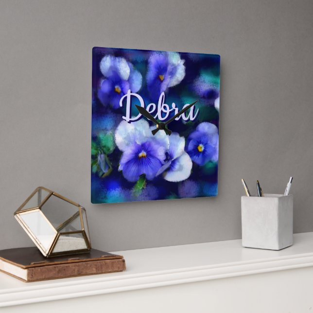 Blue Pansies Pansy Flower Floral Personalized Square Wall Clock (Office)
