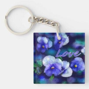 Blue Pansies Pansy Flower Floral Teal 'Love' Keychain