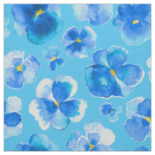 Blue pansies watercolor flower art fabric
