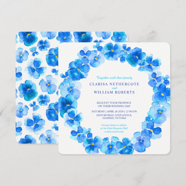 Blue pansies watercolor flower wedding invitations (Front/Back)
