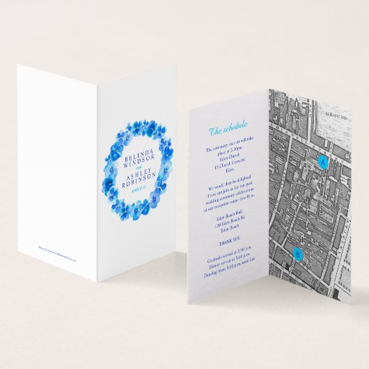 Blue pansy art wedding details schedule map (Inside and Outside)