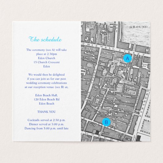 Blue pansy art wedding details schedule map (Inside Unfolded)