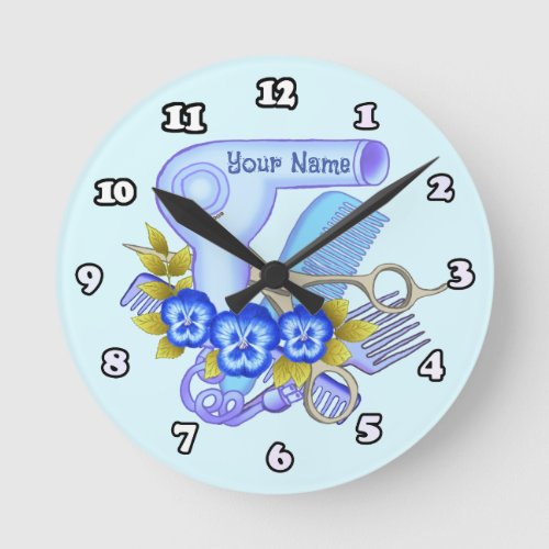 Blue Pansy Beauty Parlor  custom name Round Clock