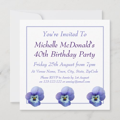 Blue Pansy Birthday Invitation