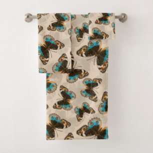 Blue Pansy Butterfly pattern on off white Bath Towel Set