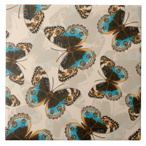 Blue Pansy Butterfly pattern on off white Ceramic Tile