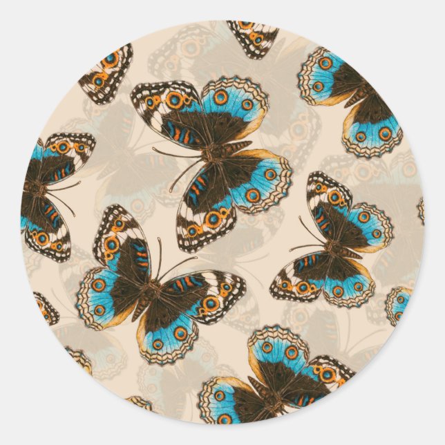 Blue Pansy Butterfly pattern on off white Classic Round Sticker (Front)