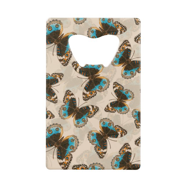 Blue Pansy Butterfly pattern on off white Credit Card Bottle Opener (Front)
