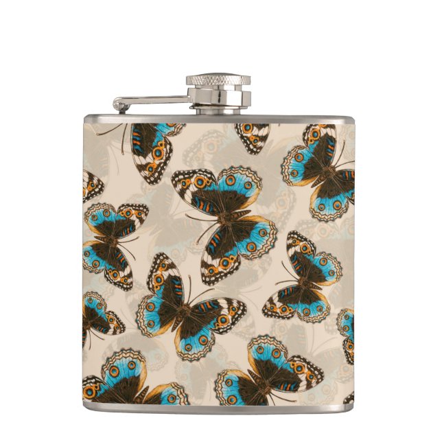 Blue Pansy Butterfly pattern on off white Flask (Front)