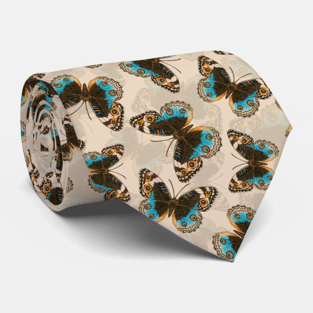 Blue Pansy Butterfly pattern on off white Neck Tie (Rolled)