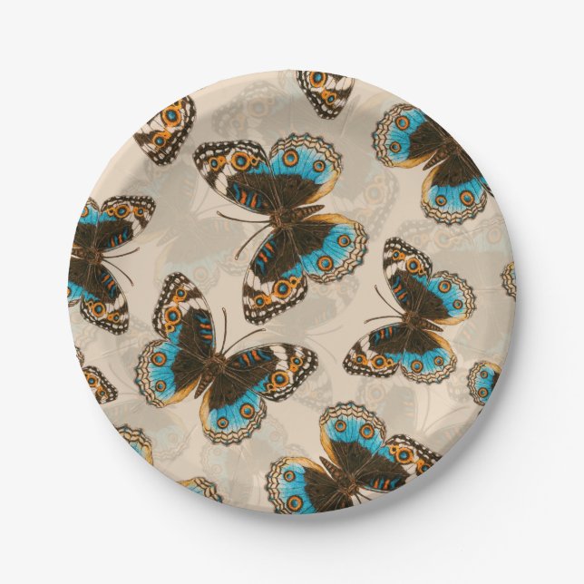 Blue Pansy Butterfly pattern on off white Paper Plates (Front)