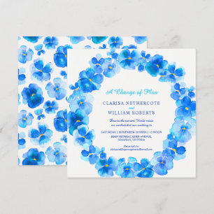 Blue pansy change of plan wedding rescheduled invitation