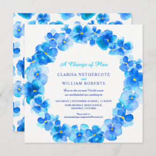 Blue pansy change of plan wedding rescheduled invitation