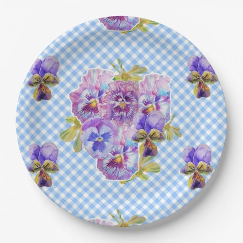Blue Pansy check Flowers Pattern Paper Party Plate