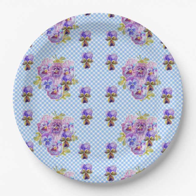 Blue Pansy check Flowers Pattern Paper Party Plate (Front)